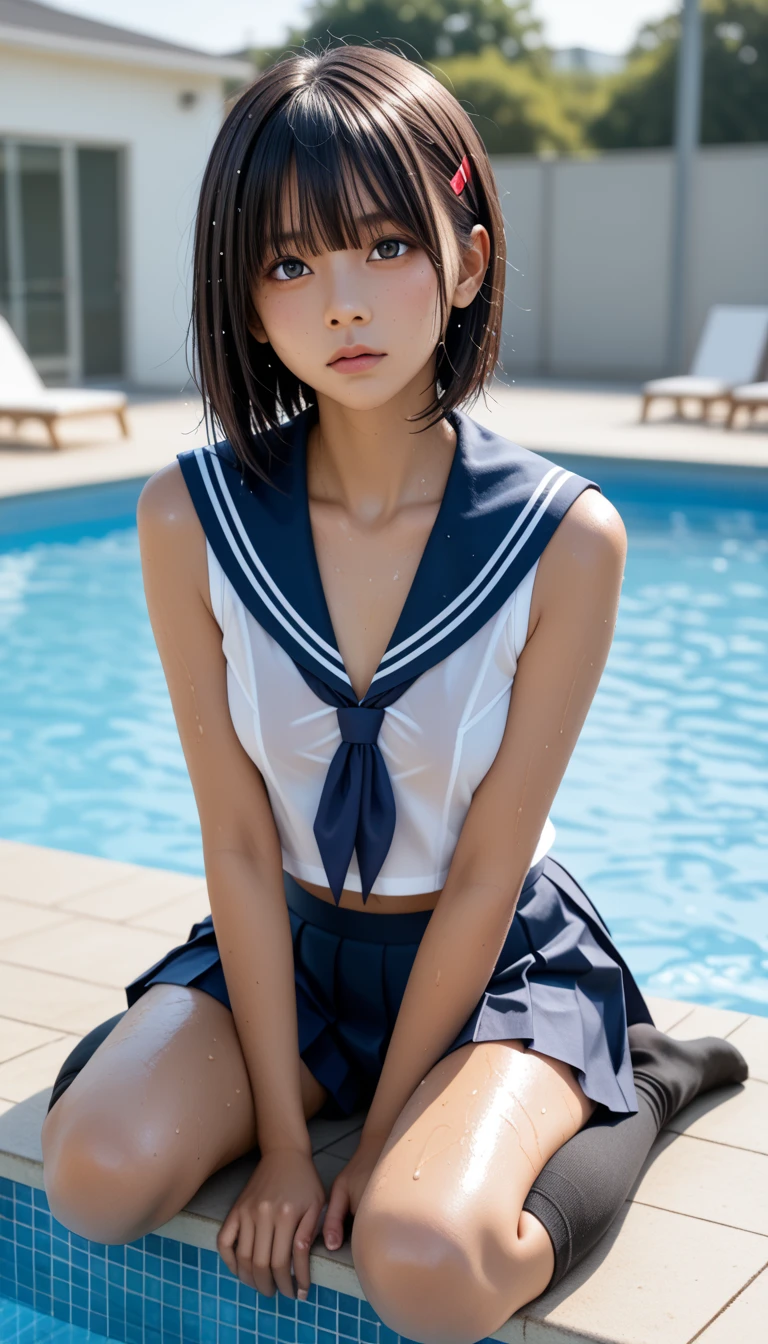  Wet 1 Japanese Female ************* Student 、masterpiece 、  top quality  、 Super high resolution、 realistic、 beautiful lighting arranged in an orderly manner、  RAW photos 、4K Ultra HD、  super detailed face、Clear Face、Detailed eye、 beautiful eyes、( looks up、Gaze sideways)、1080P、 tan dark skin 、 black hair,   wet hair、 short bob cut , bangs、 Ponytail、 horny 、 young gravure idol who lost weight、、 red headband、 white gloves、(((Firm small breasts、Separated Breasts 、 tight breasts)))、((( wet hair )))、(( blue sky、small outdoor pool 、 blur background))、(((Wet Japanese Female ************* Student 、  navy sailor color 、 with both shoulders out 、 wet pleated skirt 、 black knee socks、Wear black shorts)))、 Japanese Female ****** School Student Wearing Wet School Uniform 、 ((Cross-legged pose、 sitting by the pool 、 full body shot ))、 ((( EXTREME FACE UP SHOT )))、( perfect anatomy)、 break ((Upper eyelid))、((( midi skirt)))、 thin beautiful thighs 、 beautifully manicured hair 、 oily skin 、Five fingers