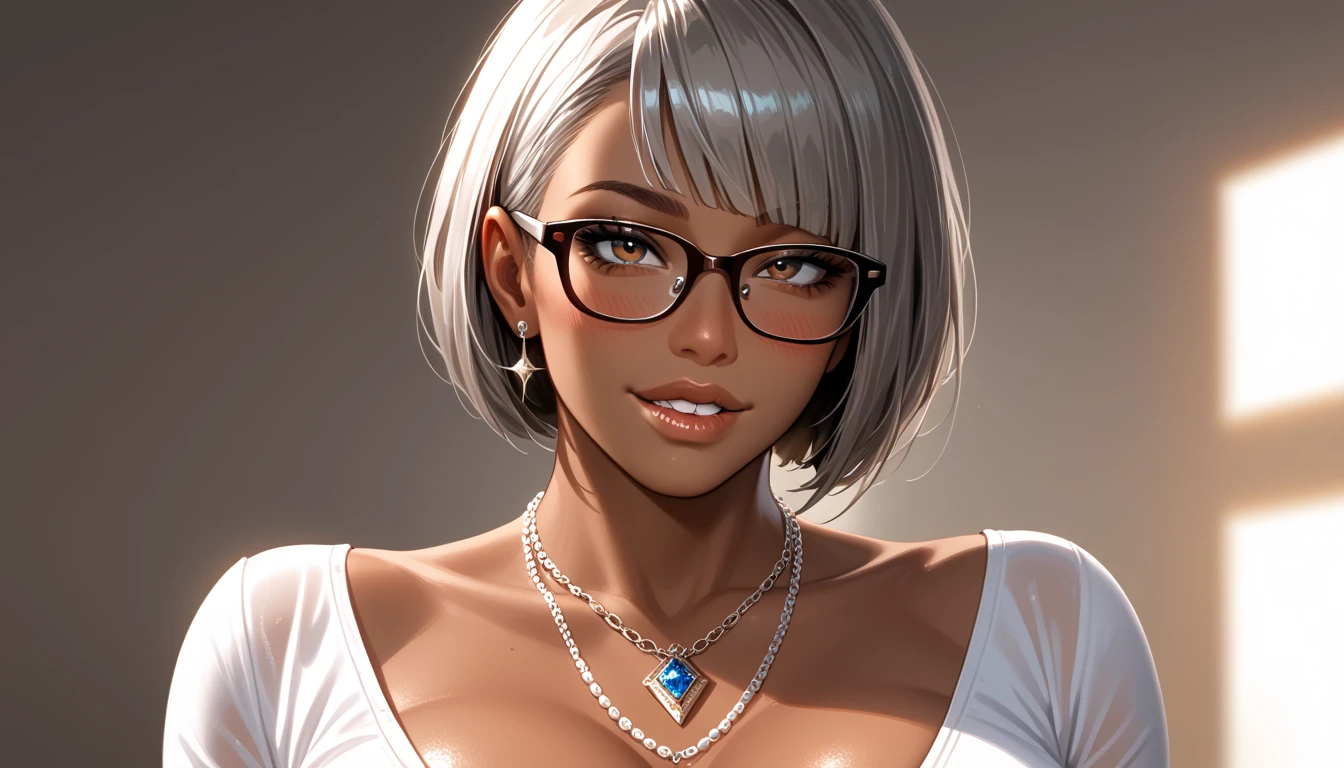 art,core_9,score_8_up,score_7_up,score_6_up,score_5_up, masterpiece, best_quality,dark_skinned,dark_skinned_female,glasses, ultra-detailed, straight on,white_shirt,naughty_face,lip biting,, portrait shot, face focus BREAK 1girl, blush, horny , 1girl, milf,  short hair, bobcut bang, grey hair, perfect lips,perfect lips, huge breasts, necklace,, looking viewer , Expressiveh, photoshoot, dramatic lighting, dramatic shadow, dark_skin,brown_skin,tan