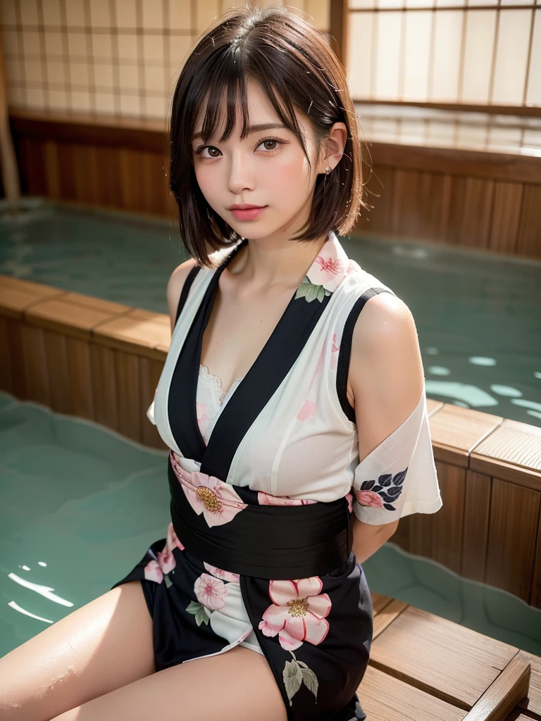 (colorful printed japanese Kimono: 1.2), ((of the highest quality, 8K, masutepiece: 1.3, Raw photo)), Sharp Focus: 1.2, (1 AESPA Girl :1.1), Solo, (Realistic, Photorealistic: 1.37), (Face Focus: 1.1), Cute face, hyperdetailed face, short messy hair, updo, Small breasts, flat chest, (open-air bath at night in a hot spring in Japan: 1.2), (blush: 1.2), (girl is Lying on the hot water: 1.3), moon light, Thigh