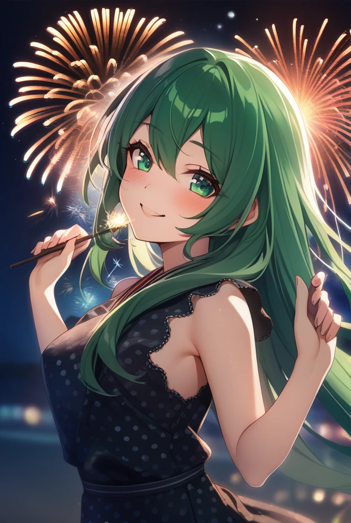 Fire work 1girl, Solo, Long Hair, High Resolution, Blush, Smile, green hair