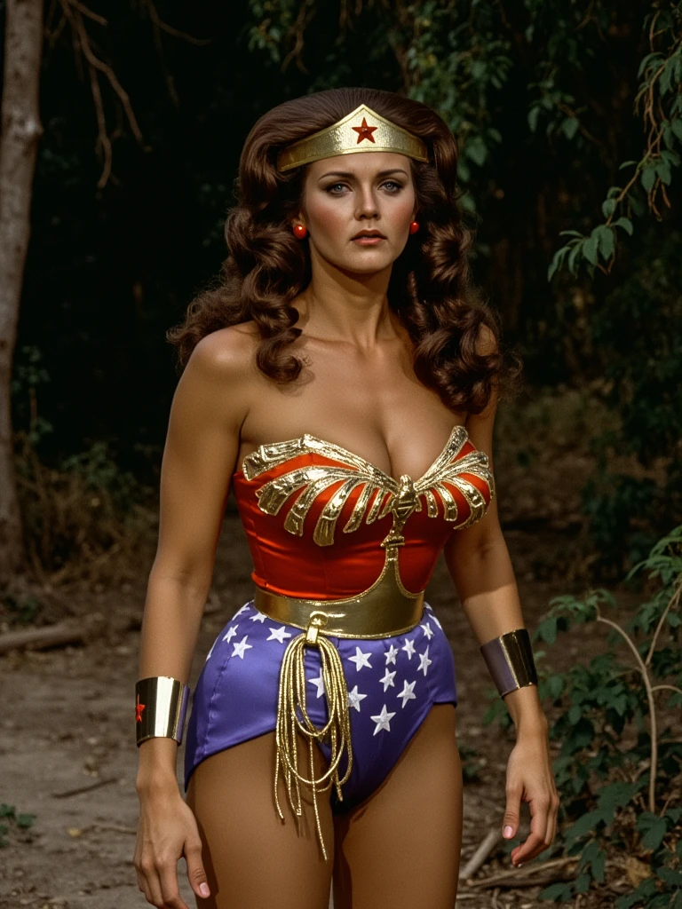 Real light ,  beautiful details shine , ((25 years old)), tall girl , Wavy long hair shape , wearing Wonder Woman's golden balance, ((( with eyes closed )))，(((unconscious )))､ lying on the ground､ lying on back ､ ((( she ))),  very young Linda Carter ,  very big boobs ,  has brown hair , Skinny boobs , Photographic view of bright red sanpaku eyes  , Slender figure, Small waist, Wide hips, concerned expression, The expression is charming and gentle , front view. whole body.   wearing a shiny red spandex bodysuit zipper on the front ,  低领口充分展示了she的大胸围. Roll up your sleeves. Her round, curvy ass .  standing in the evil cave. (((Full of vines))).  Random Pose. Ergonomic postures.