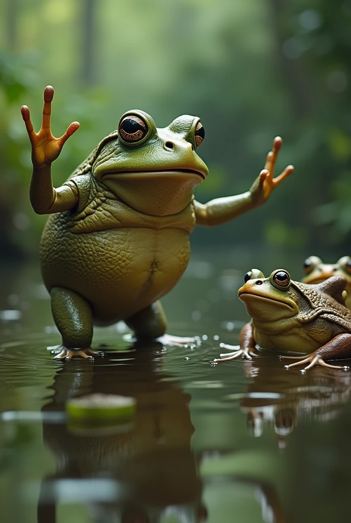 A bunch of frogs transform into lovely women (moss breast drapes and skirt, frog hands, light green skin with mottling, over large eyes) during a heavy rain, dancing around glowing mushrooms in a deep dark forest
