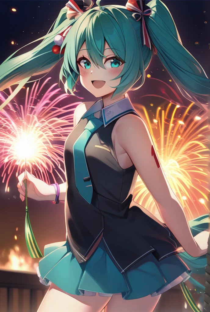 Fire work 1girl, Solo, Long Hair, High Resolution, Blush, Smile, green hair, miku