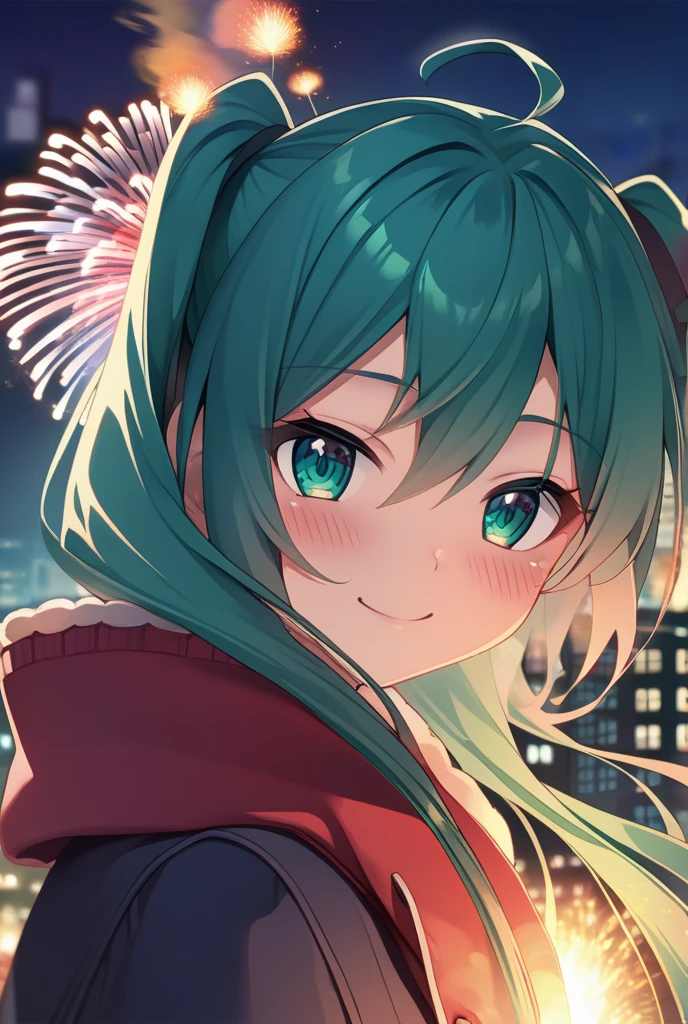 Fire work, 1girl, Solo, Long Hair, High Resolution, Blush, Smile, green hair, miku, city background, High Resolution, night sky