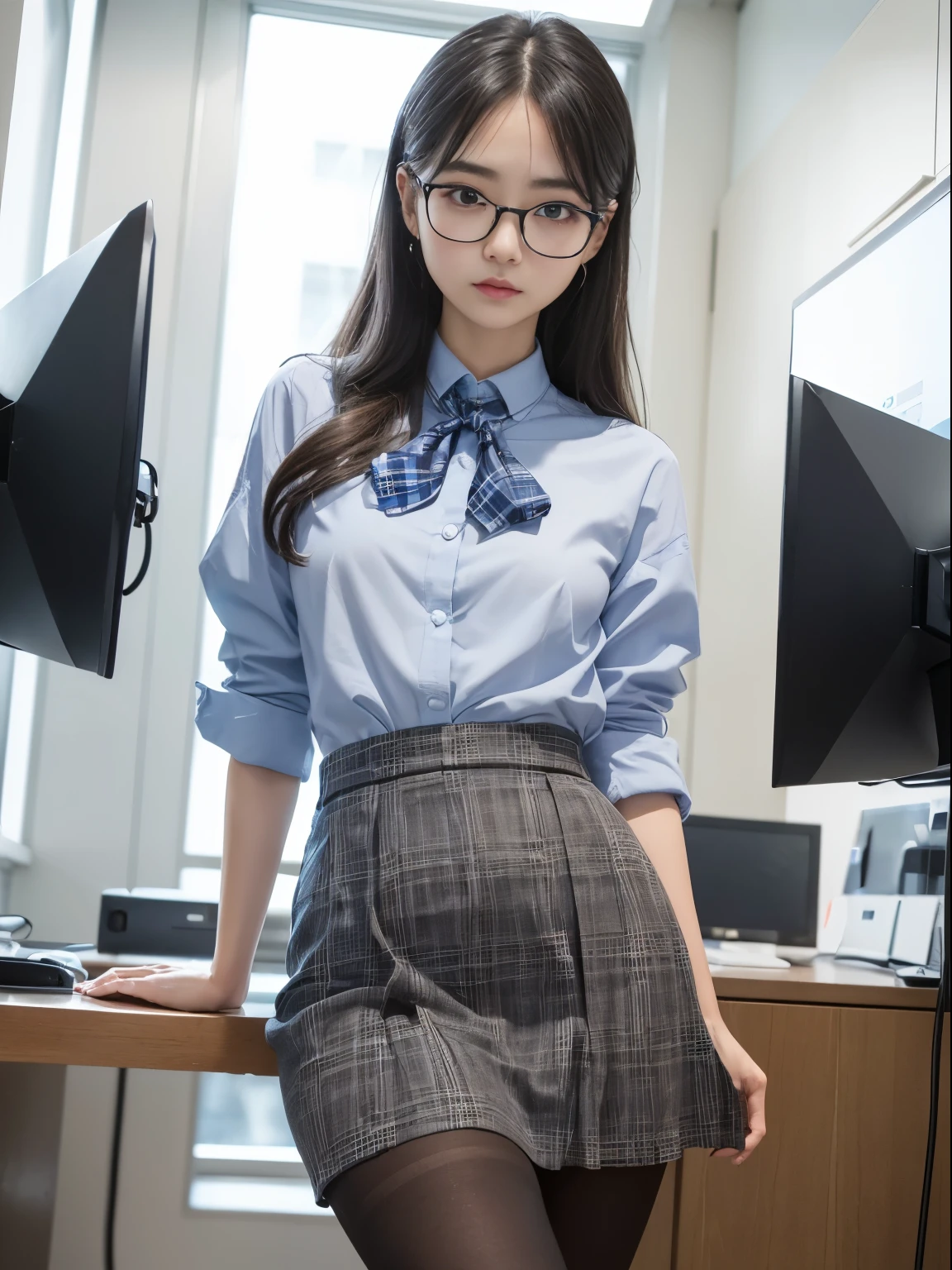 ulzzang-6500-v1.1, (raw photo:1.2), (photorealistic:1.4), beautiful detailed girl, very detailed eyes and face, beautiful detailed eyes, absurd, incredibly ridiculous, huge file size, super detailed, high resolution, very detailed, best quality, masterpiece, kemomimi, ((office lady's uniform)), illustration, very detailed, CG, Unity, 8k wallpaper, amazing, fine details, masterpiece, best quality, very detailed CG uniform 8k wallpaper, face light, movie lighting, 1girl, 16 years old, (without panties)), (with glasses), ((dynamic pose)), (camel toe), (half), (pantyhose), (pantyhose and legs)), ((knee-bending and leg-holding))