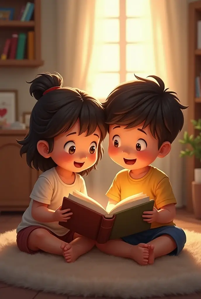 In cenamatic 3d cartoon style "The children sitting under a dim light, one studying and the other drawing, both focused despite the poor conditions, symbolizing hope and dreams.
