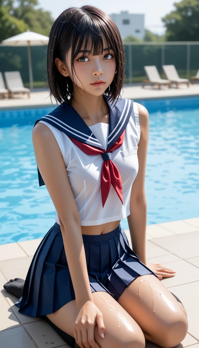  Wet 1 Japanese Female Middle School Student 、masterpiece 、  top quality  、 Super high resolution、 realistic、 beautiful lighting arranged in an orderly manner、  RAW photos 、4K Ultra HD、  super detailed face、Clear Face、Detailed eye、 beautiful eyes、( looks up、Gaze sideways)、1080P、 tan dark skin 、 black hair,   wet hair、 short bob cut , bangs、 Ponytail、 horny 、 young gravure idol who lost weight、、 red headband、 white gloves、(((Firm small breasts、Separated Breasts 、 tight breasts)))、((( wet hair )))、(( blue sky、small outdoor pool 、 blur background))、(((Wet Japanese Female Middle School Student 、  navy sailor color 、 with both shoulders out 、 wet pleated skirt 、 black knee socks、Wear black shorts)))、 Japanese Female Middle School Student Wearing Wet School Uniform 、 ((Sitting cross-legged、 sitting by the pool 、 full body shot ))、 ((( EXTREME FACE UP SHOT )))、( perfect anatomy)、 break ((Upper eyelid))、((( midi skirt)))、 thin beautiful thighs 、 beautifully manicured hair 、 oily skin 、Five fingers