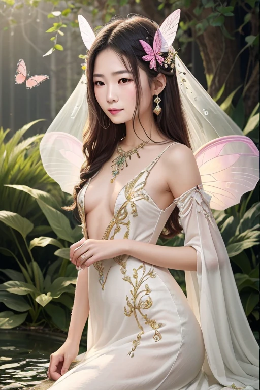 British girl 15 years old - wearing royal costume, Fantasy,in 8K ,真实感, Photo , hight resolution, real looking skin, No cosmetics, to the girl : elf-ears , Sophisticated appearance, plump body, pale skin with fair skin, girl dressed as a druid ,elf,In clothes, fentezi, mystical forest,Breasts are protruding、fullnude、nakedness、Pubic hair is also showing