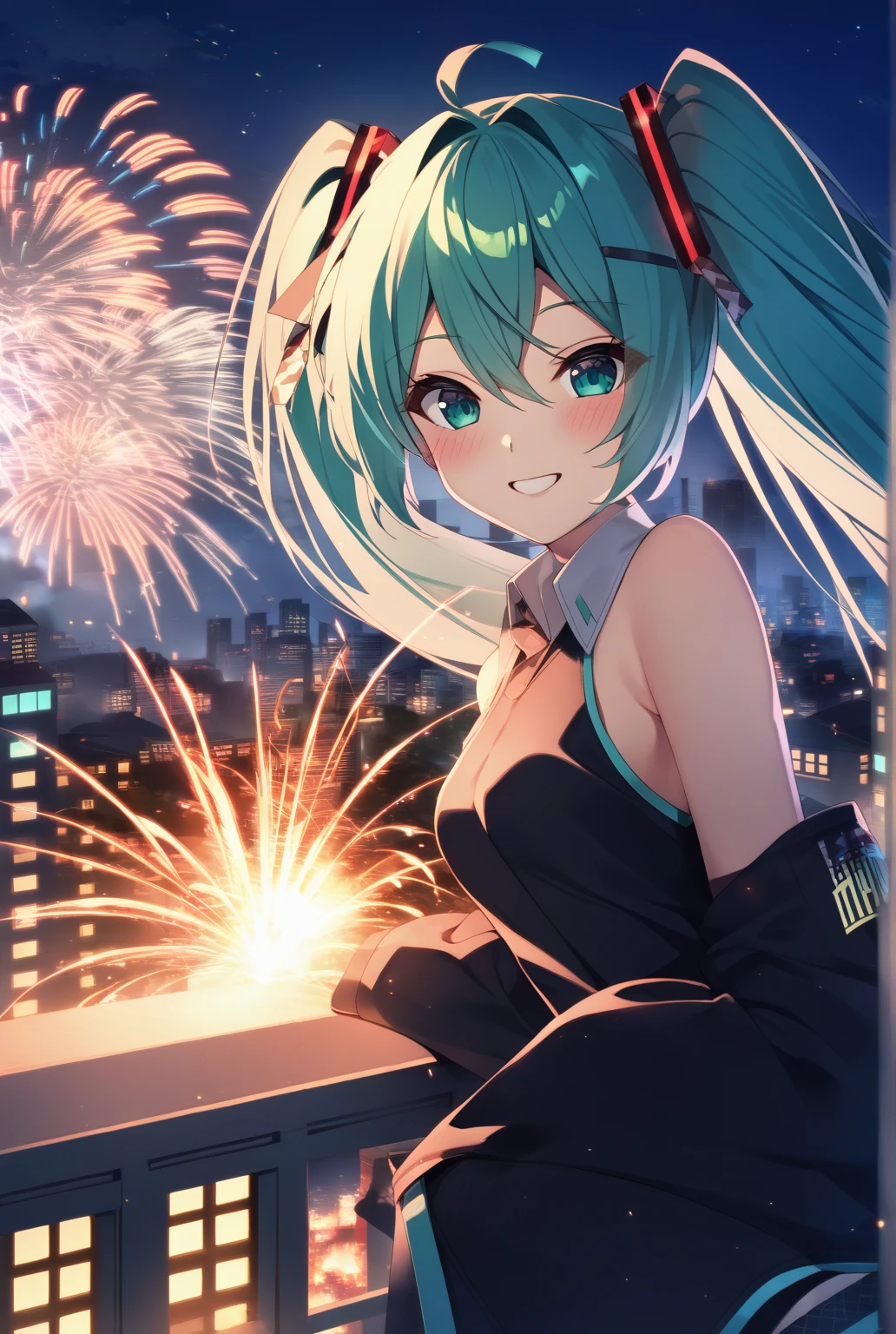 Fire work, 1girl, Solo, Long Hair, High Resolution, Blush, Smile, green hair, miku, city background, High Resolution, night sky