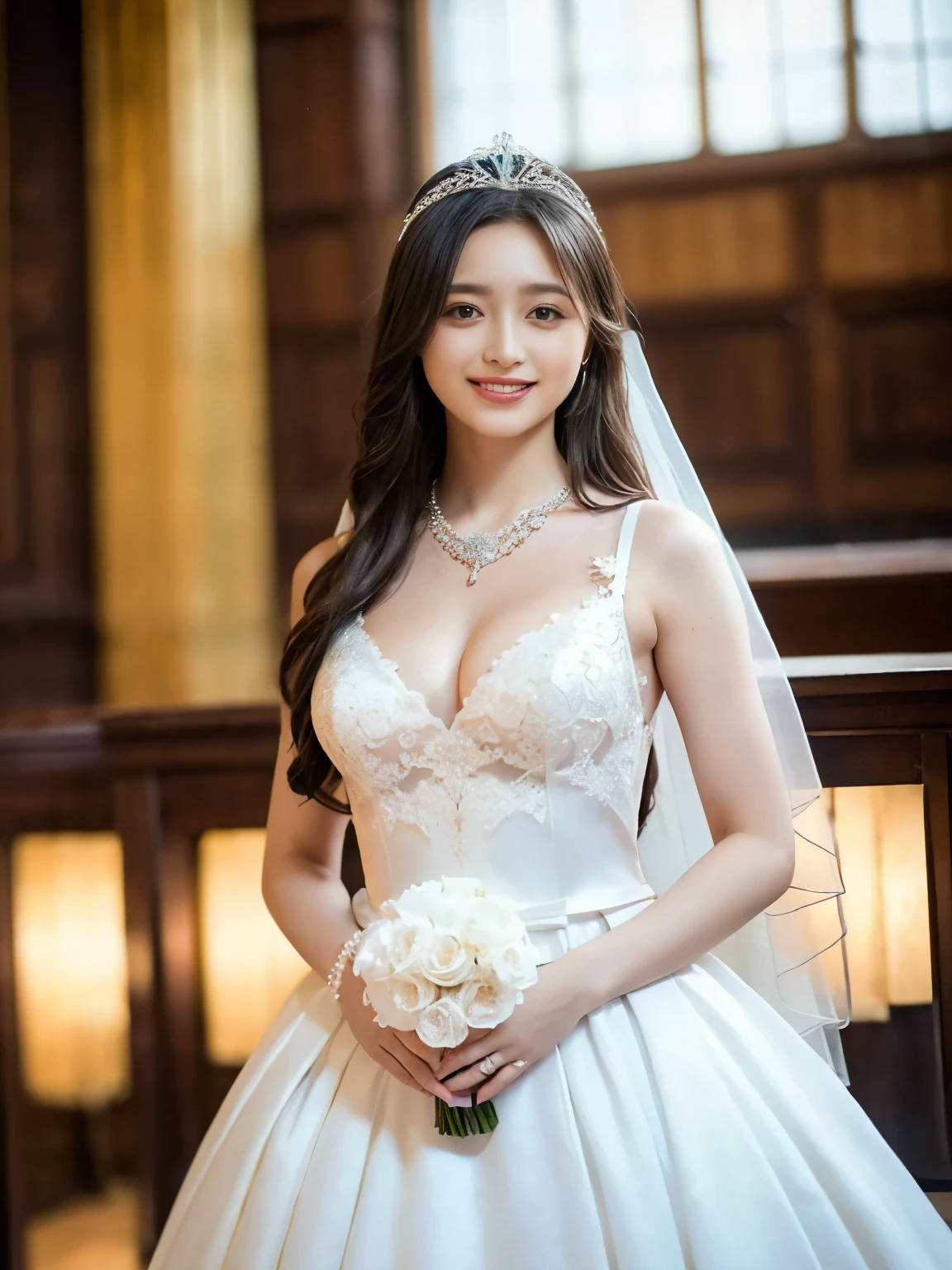 (Highest quality、Tabletop、8k、Best image quality、Award-winning works)、One beautiful bride、(alone:1.1)、(The most extravagant and luxurious huge wedding dress:1.3)、(The most luxurious and perfect wedding lace:1.3)、(The most extravagant and luxurious giant tiara:1.3)、(The most luxurious and luxurious giant necklace:1.3)、(The most extravagant and luxurious giant jewellery:1.3)、(A wedding dress with intricate and exquisite decoration:1.3)、(A bright and jeweled wedding dress:1.3)、portrait photo of a beautiful female、Glowing Skin、Standing Elegantly、(Strongly blurred gorgeous and elegant palace hall background:1.3)、The most beautiful smile is looking at me、Perfect Makeup、Long eyelashes、Ultra HD Shining Eyes、Ultra HD Hair、Ultra High Resolution Glossy Lips、Ultra High Resolution Perfect Teeth、Beautiful face in ultra-high definition、(Accurate anatomy:1.1)、(Very bright and beautiful skin:1.2)、(very bright and vivid:1.2)、(Small Breasts:1.2)、(Cleavage:1.1)、(Head to waist photo:1.6)
