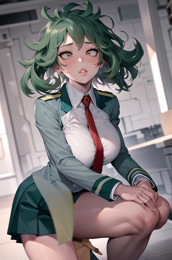 My hero academia. Long curly hair, big black round eyes, big lips , black brown skin, school uniform, red necktie, collared shirt, blazer, grey jacket, long sleeves, pleated skirt, green skirt, 