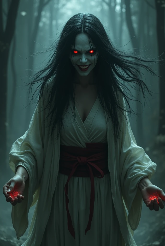 ((masterpiece)), best quality, ultra-detailed, 1024k UHD wallpaper, HDR, ultra-high resolution, intricate, Glowing, soft, Perfect Anatomy, (Close up), (Ghost Girl), ((transparent Body)), 1girl, ((Devil Ghost)), (White Kimono), (Devil Horn), (Creepy), (Creepy Face), (Blood tears), (Darkness), ((Night)), (Dark Background), (Many flaying ghost), (Scream), ((very Angry)), (Open Mouth), (Showing Long fangs), (showing claw nails), (Many Flying Ghost), (Japanese ghost), (Bamboo forest), (deep forest), bais-ghostly,