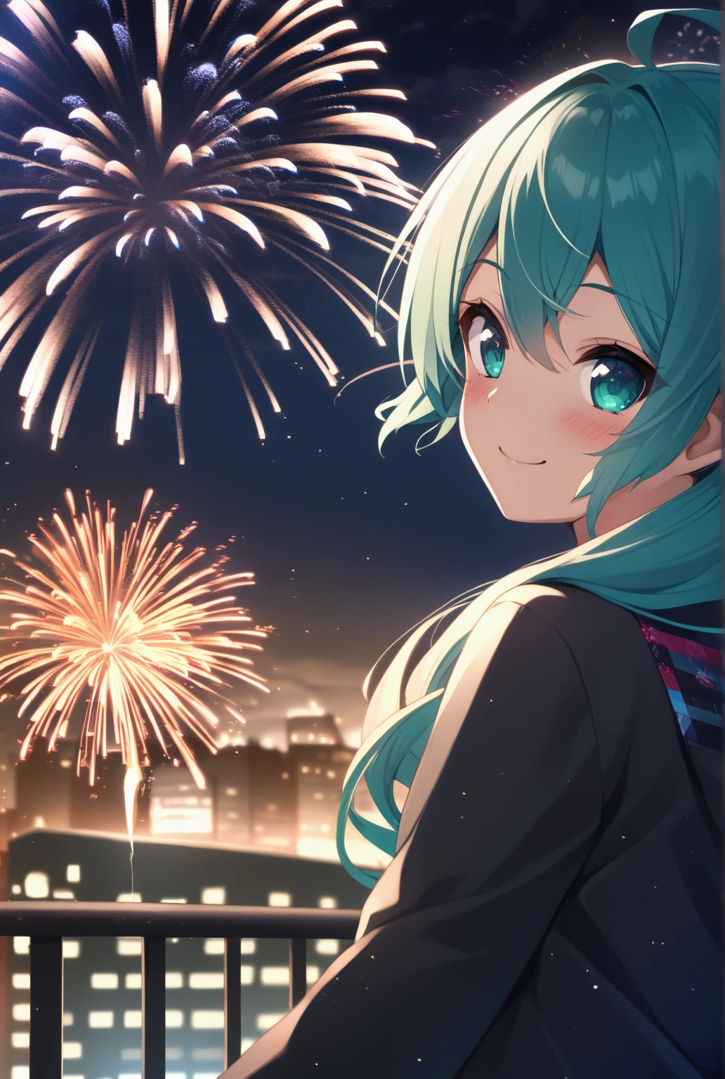 Fire work, 1girl, Solo, Long Hair, High Resolution, Blush, Smile, green hair, miku, city background, High Resolution, night sky, zoomed out view