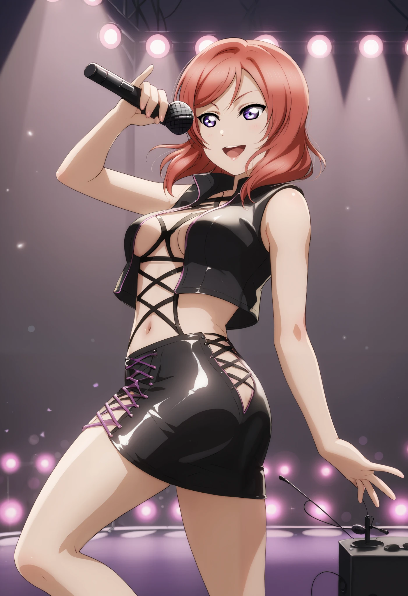 Nishikino maki, Purple eyes, looking_at_viewer, blush, smile, (mini skirt 1.2), one_eye_closed, midriff, belt, strapless,underboob, race_queen