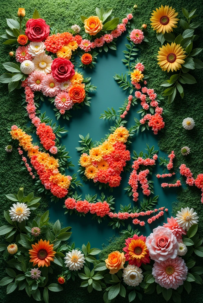  Map of the Republic of Indonesia created from the arrangement of Jasmine flowers, rose, sunflower and carnation 