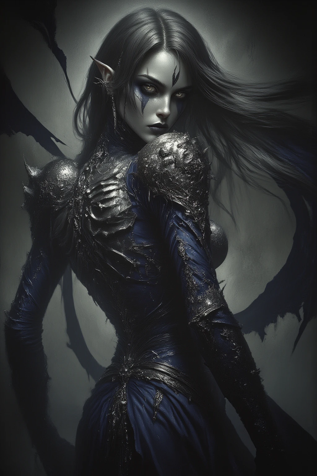 Absurdity, high resolution, super detail, moody lighting, quiet, calm brightness, masterpiece, highest quality, 1girl, still 90s dark fantasy movie, menacing dragon next door, blue glowing eyes, wlop,