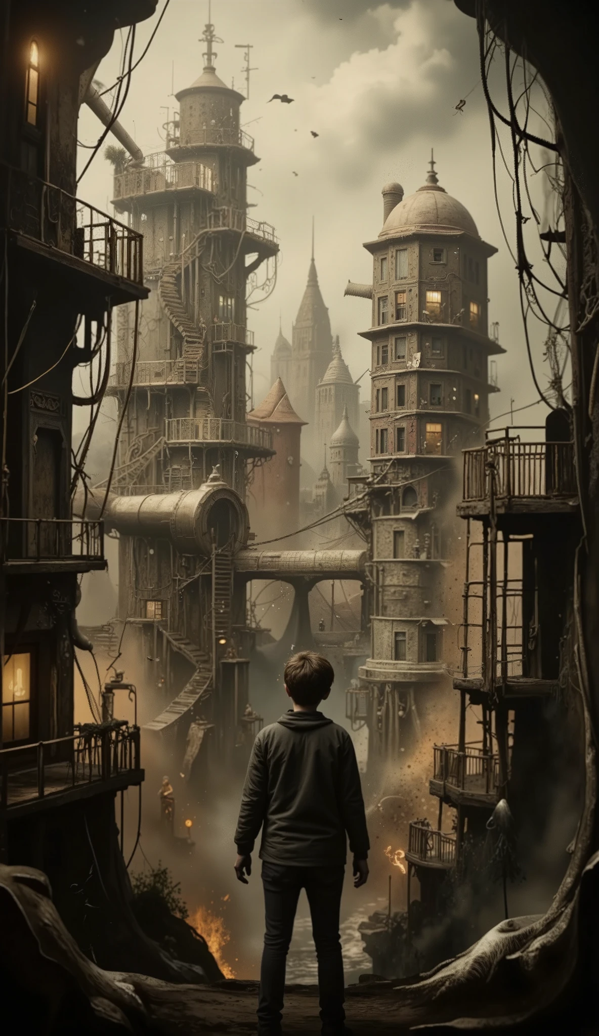 a young boy steps outside and looks up, on all sides and above him, the city is a tangled web of stairways, pipes and catwalks leading in impossible angles, curves and lines in all directions, rising up and weaving together to connect many towering buildings, thousands of doorways and hallways, a massive vertical and horizontal maze above and all around him, evoking imagery in the style of M.C.Escher and Terry GIlliam, photorealistic, best quality, atmospheric, a masterpiece, epic, stunning, dramatic 3D Game Cinematic Feel, Epic 3D Videogame Graphics, Intricately Detailed, 8K Resolution, Dynamic Lighting, Unreal Engine 5, CryEngine, Trending on ArtStation, HDR, 3D Masterpiece, Unity Render, Perfect Composition