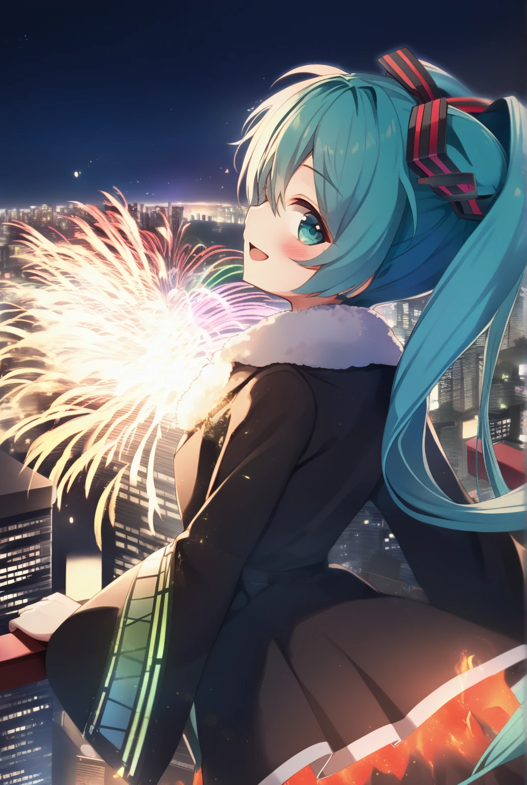 Fire work, 1girl, Solo, Long Hair, High Resolution, Blush, Smile, green hair, hatsune miku, city background, High Resolution, night sky, zoomed out view, 