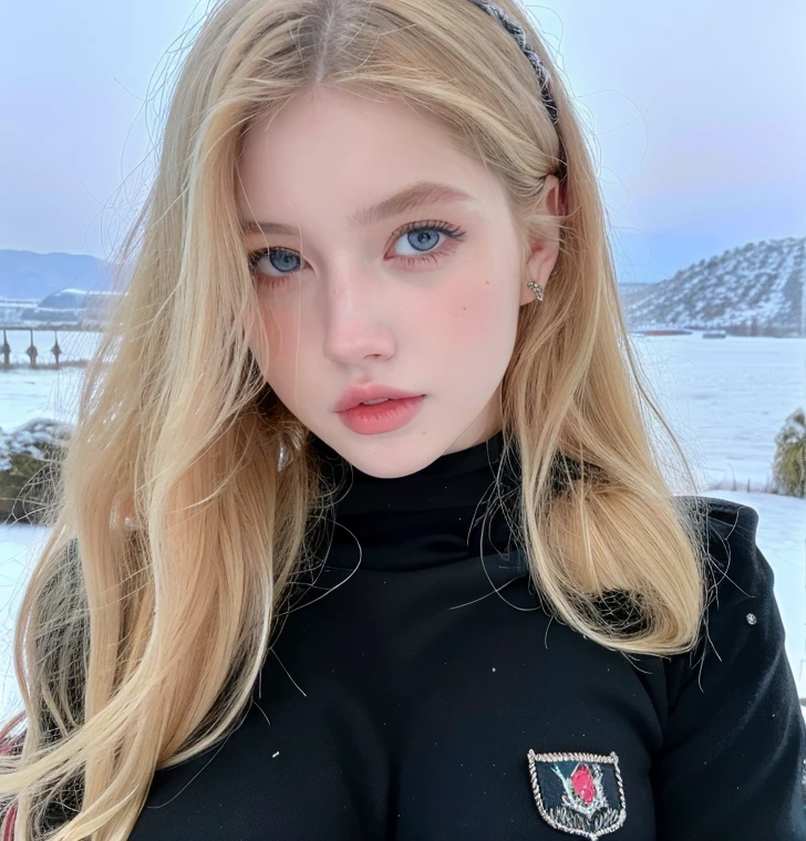   beautiful woman  ,Cute,  huge natural breasts  ,  Blonde curly hair /current,  dark blue eyes and face drawn in detail,  not too thin  ,   to make it ultra-realistic ,   Western European girl  ,Snowy weather , military uniform (elements of modern military clothing  ),  , extremely detailed blue eyes ,  Very long wavy blonde hair, glowing diamond earrings, (It's like a photo in social media)