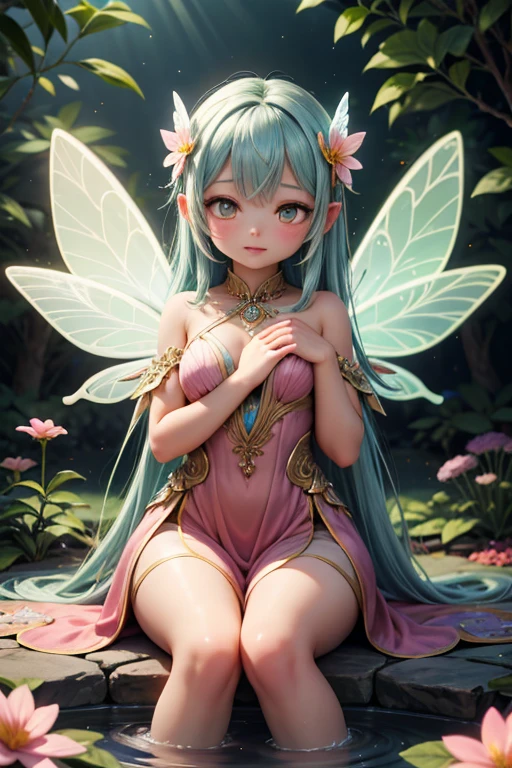 cute little Fairy, blue butterfly, yellowgreen hair, pink eyes,  dress pointy ears dress made of petals leaves Leaning forward Leaf fairy Dress made of leaves Leaf Flower Flower crown Thin wings Smiling gently Large leaf