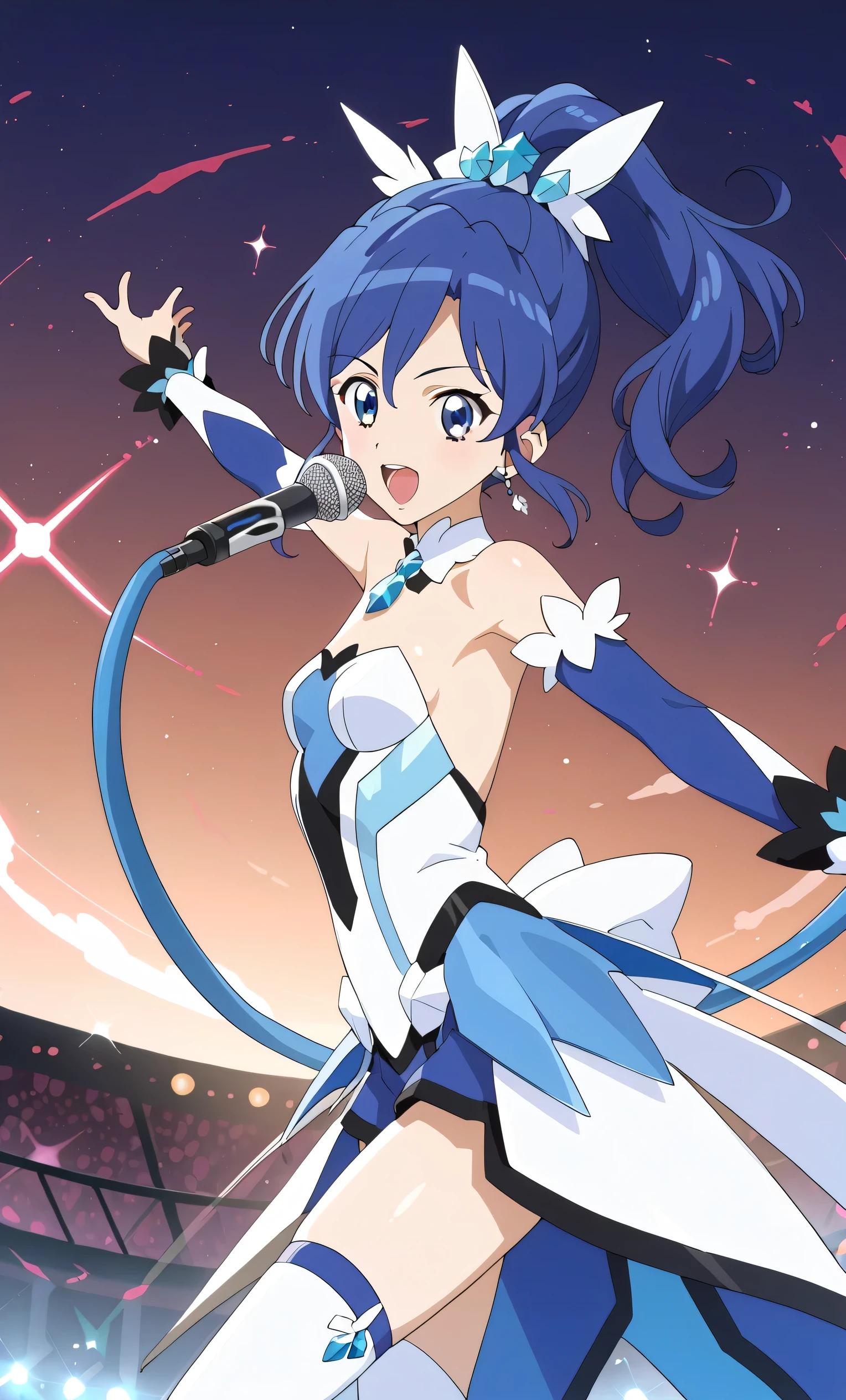 ,aikatsu,1 girls,in senki zesshou symphogear style , Blue hair,Side Pony tail,Blue and White battle suit,BREAK,ultra-definition, high resolution, ultra-detail CG,caustics, Live stage, in front of super large vision, singing, stand microphone ,