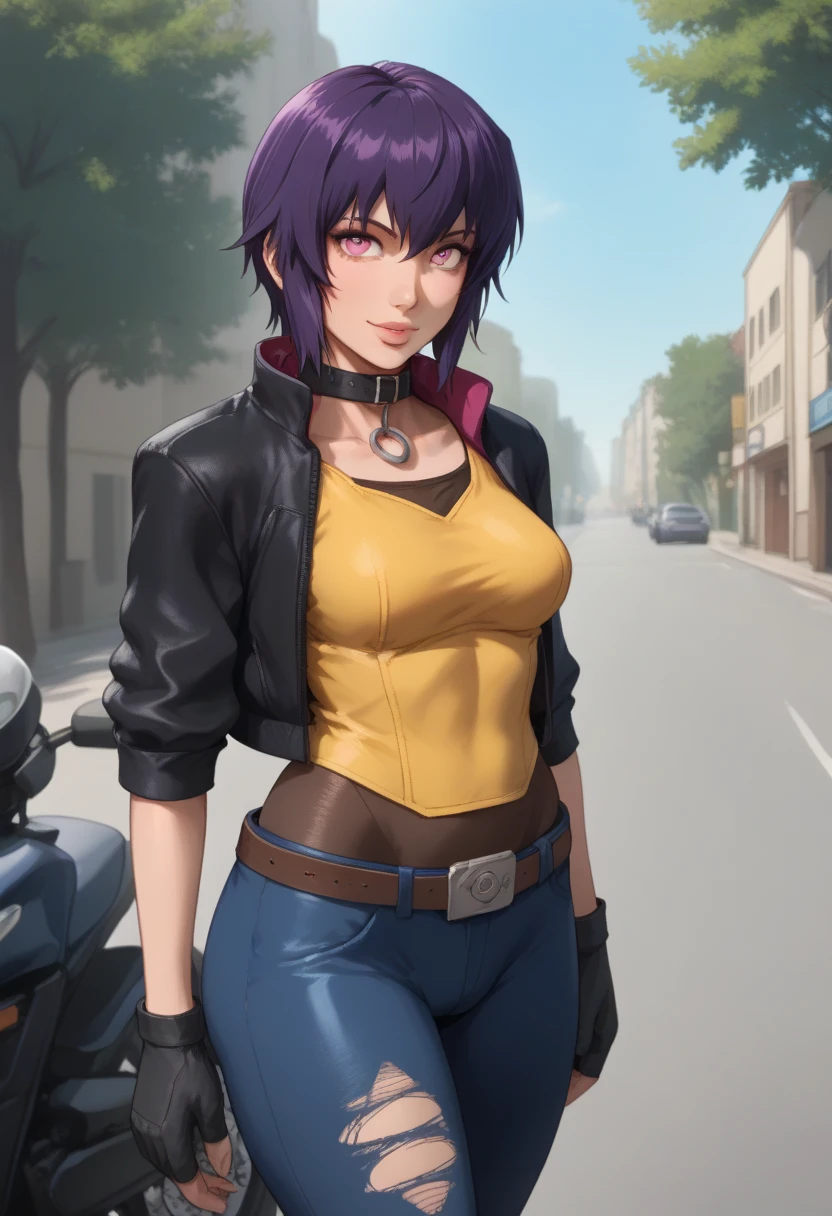 ( Masterpiece :1.2), ( ripped tights:1.2), New East , ( complex details, very beautiful,  highres icon), Good hands, 1 girl, Motoko 2045xl ,  purple hair,  short hair , Lips, Cyborg,  Pink Eyes ,  chest, medium size ,  Short Jacket ,  black jacket,  Collar Jacket ,  Yellow Tank Vest, fingerless gloves,  black gloves, Black tight-fitting dress,  high-leg tights ,  Hip Vent ,  Blue Pants , belt,  Kusanagi Motoko , street, tree, day, motorcycle,  Hip Hip Hands ,  Slightly Smiling