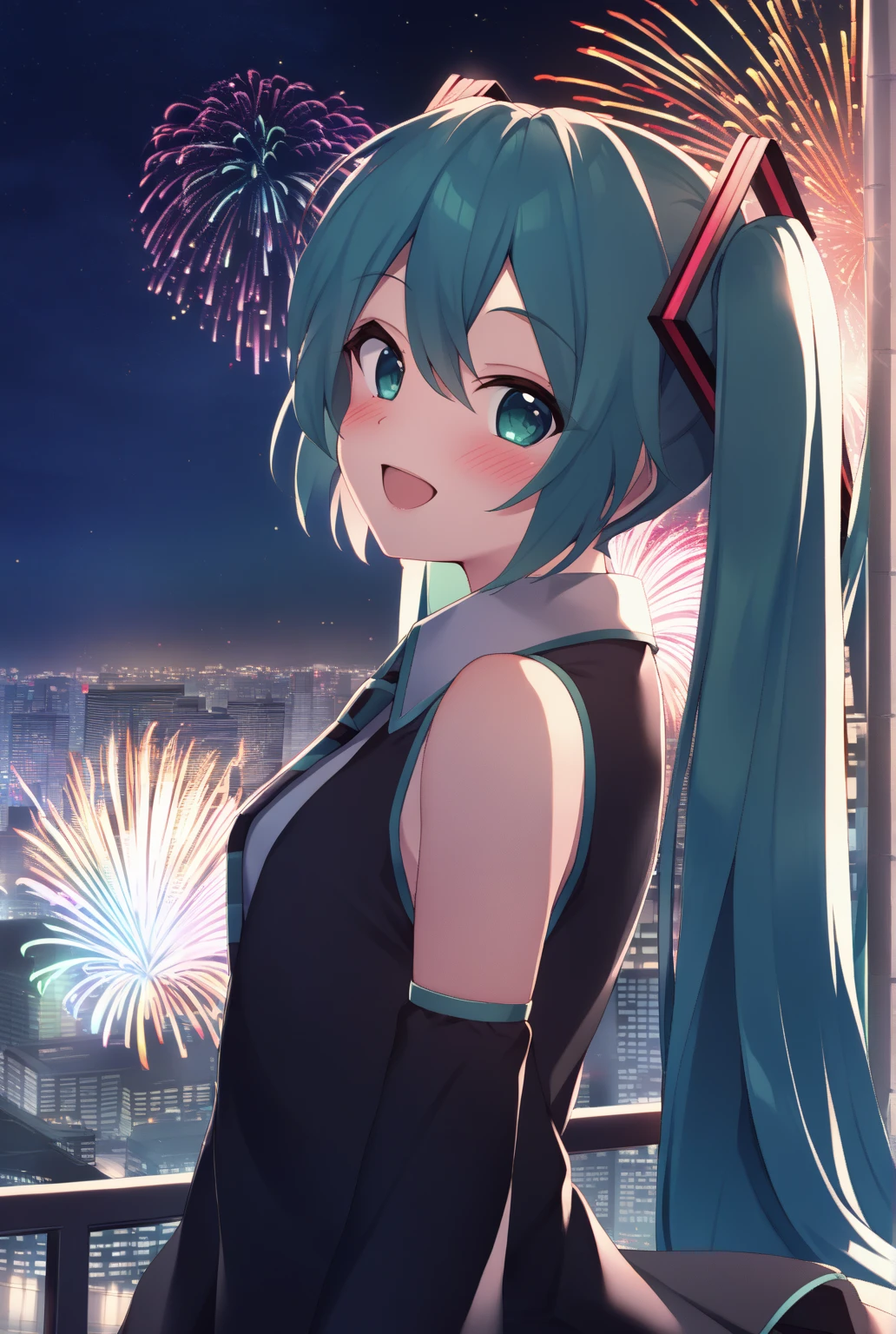 Fire work, 1girl, Solo, Long Hair, High Resolution, Blush, Smile, green hair, hatsune miku, city background, High Resolution, night sky, zoomed out,