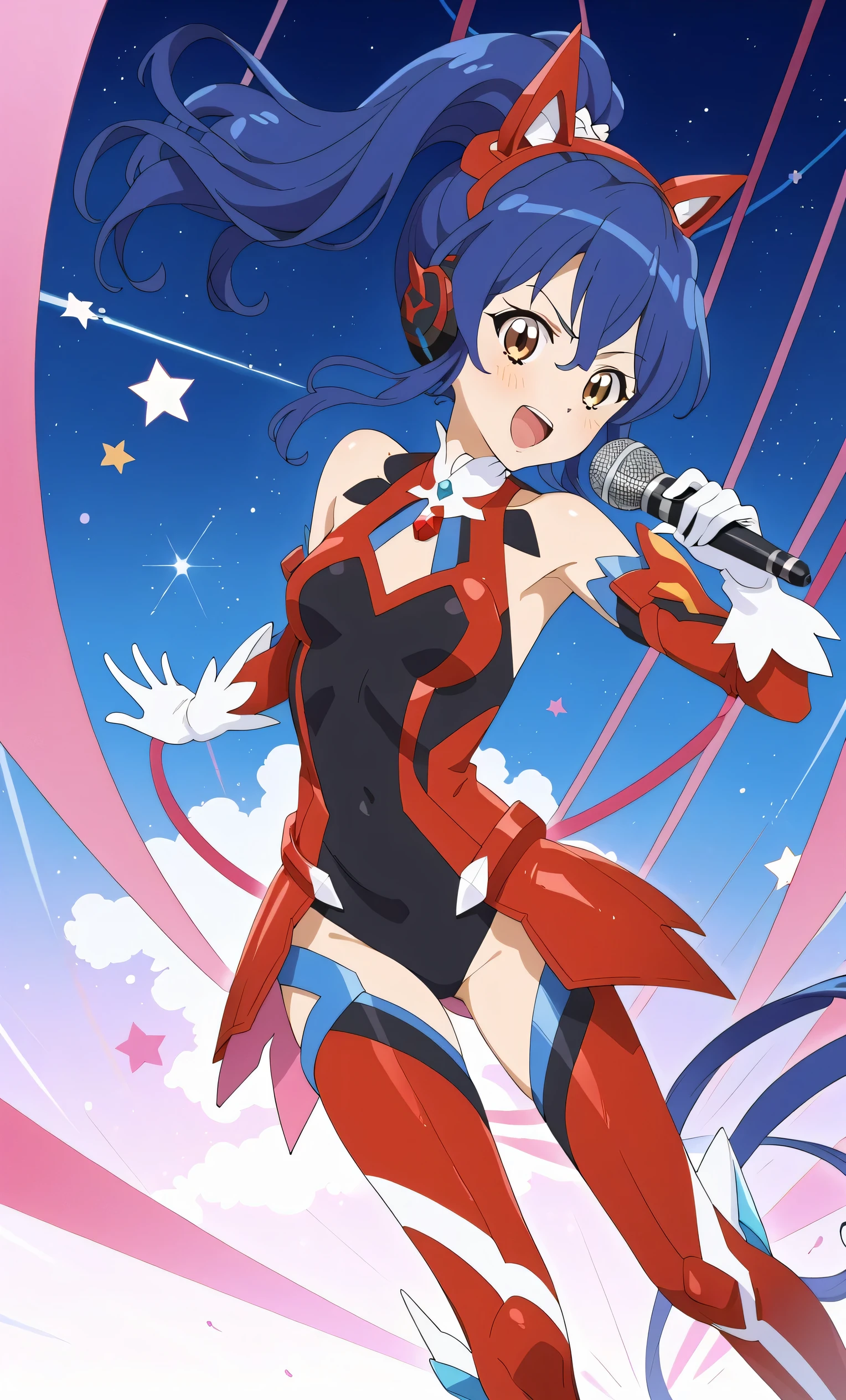,aikatsu,1 girls,in senki zesshou symphogear style , Blue hair,Side Pony tail,Blue and White battle suit,BREAK,ultra-definition, high resolution, ultra-detail CG,caustics, Live stage, in front of super large vision, singing, stand microphone ,