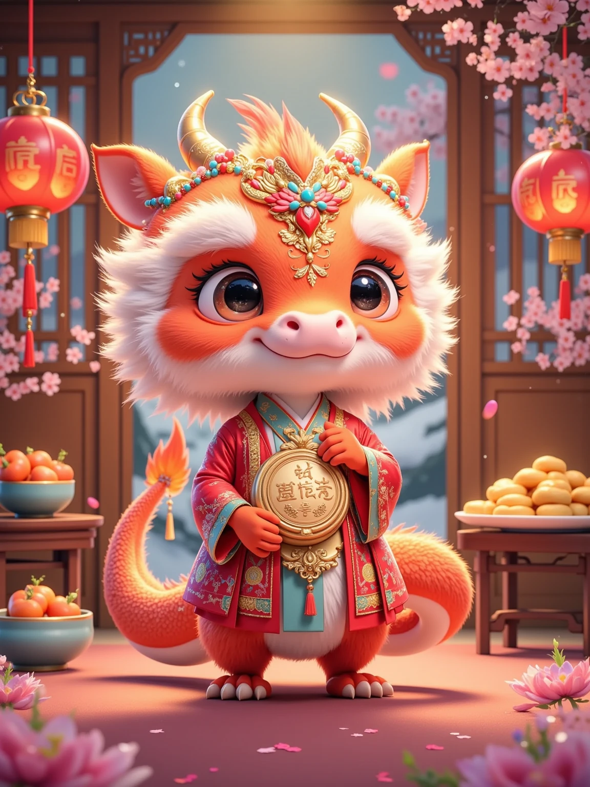 Cute, (little dragon), (orange hair), fluffy, exquisite dragon horn headdress, decorated with blue-green beads. Xiaolong is wearing a red traditional costume with white fur edges and embroidered with gold patterns. He holds a golden ingot with red words on his chest. The dragon is located in an indoor scene. There are blue bowls and orange-red persimmons on the small table on the left, red stickers with red letters scattered on the ground, and a white plate piled with golden food on the right. The background is wooden doors and windows, with red pepper strings and red lanterns hung on the doors and windows. The lanterns have words on them. Outside the window are the snowy mountains and plum blossoms, which is full of festive New Year atmosphere.