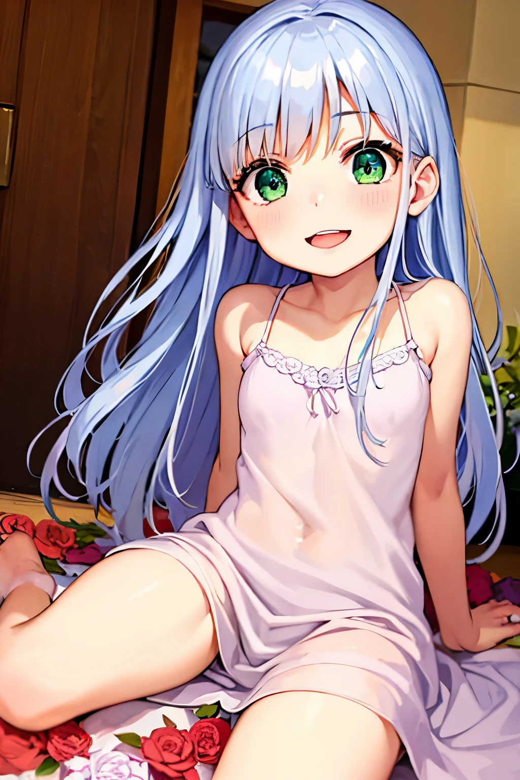 Cabello largo plateado, ojos verdes, headband, necklace, flat breast, summer clothes, sonrisa, happy, muslos hermosos, inside house
