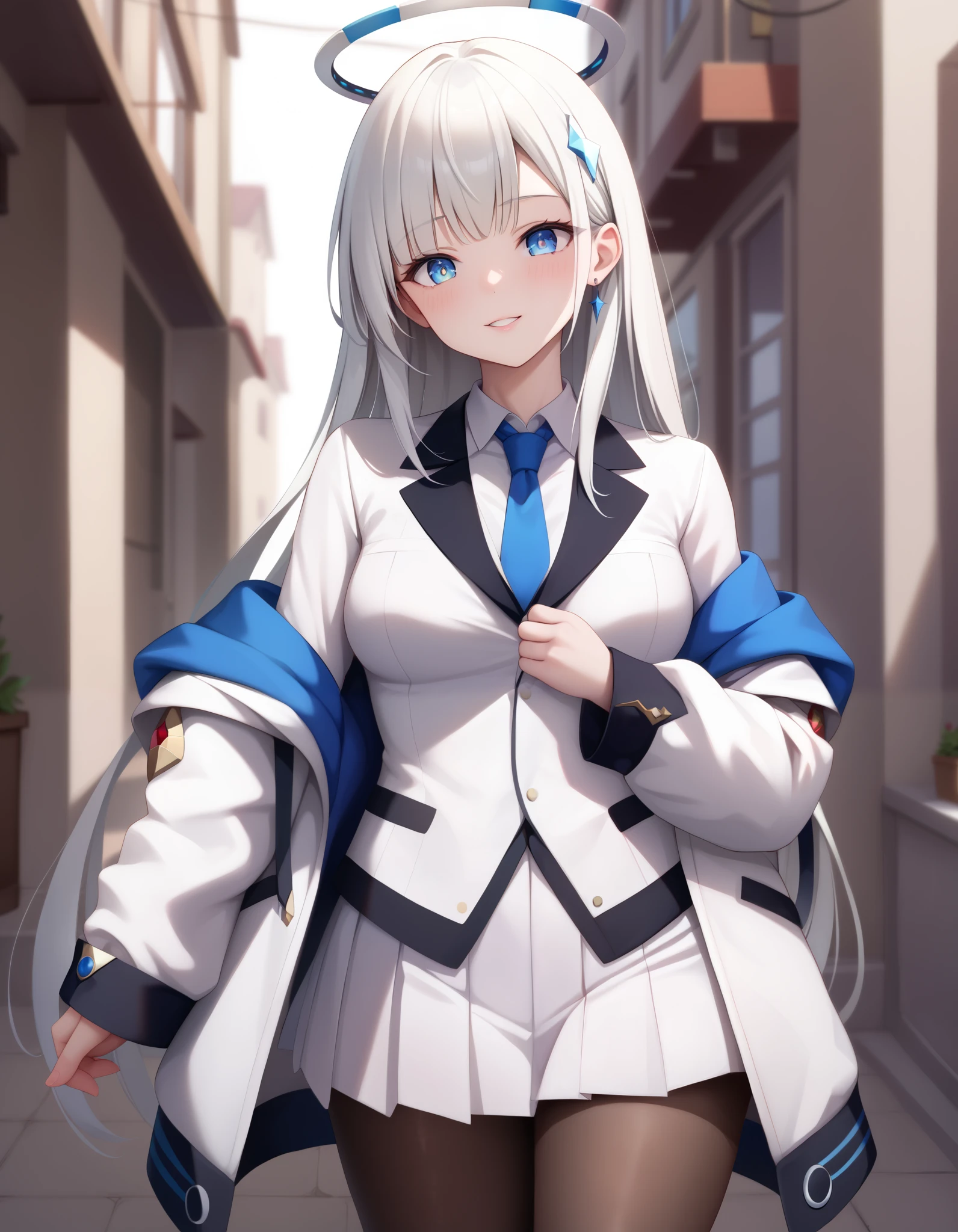 best quality, realistic, ushio noa, Ultra high resolution, (masterpiece:1.2), finely detailed beautiful eyes), extremely delicate, solo, standing, (blue necktie, white shirt, off shoulder, white jacket, open jacket, long sleeves, white skirt, pleated skirt, black pantyhose), outdoor, halo