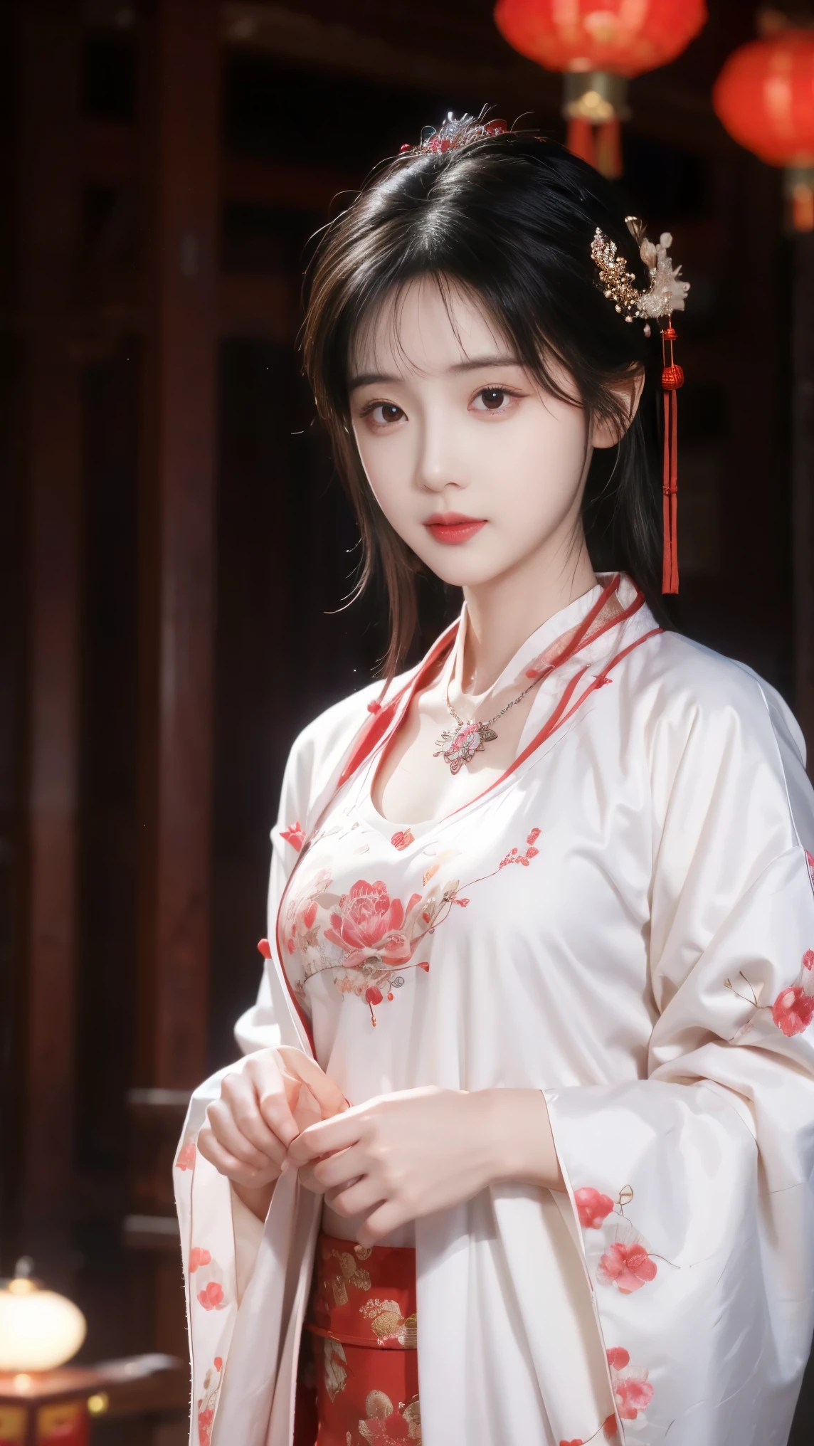 Lunar New Year Outfit , best quality, masterpiece, High Resolution , 1 girl, best quality, masterpiece, High Resolution , martial arts girl, blush,(Charming smile:0.8),stellate pupil ,China Hanfu,Hair accessories, necklace, jewelry, pretty face ,Exceed_ body, The Tyndell Effect , realistic, dark studio , Edge lighting, Bicolor Light ,( highly detailed skin :1.2), 8K Ultra HD, SLR camera, Soft Light, high quality , Volumetric Lighting, frank, photo, High Resolution , 4K, 8K, Bokeh,red lotus blooms all around,red