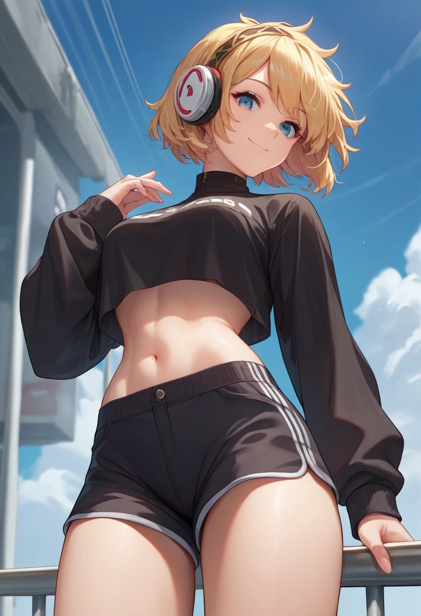 score_9, score_8_up, score_7_up, source_anime, solo, 1girl, p3aegis, smile, closed mouth, looking at viewer, standing, hairband, headphones, crop top, long sleeves, small black hipster legging, thighs, breasts, low angle shot, from behind