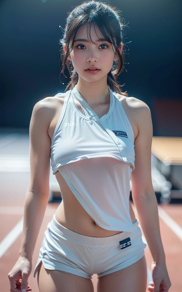 European junior high school girl, track and field, arms wide open, legs apart, beautiful girl, blonde, short hair, small breasts, slim, beautiful legs, delicate and beautiful skin, white tank top, tank top is transparent, white underwear, underwear is transparent, very exposed skin Frequently The lower part of the chest is visible The clothes are wet The belly button is exposed The whole body is sweaty The hair is wild and disheveled The hair is wet Shy expression View from directly below Armpit hair is growing