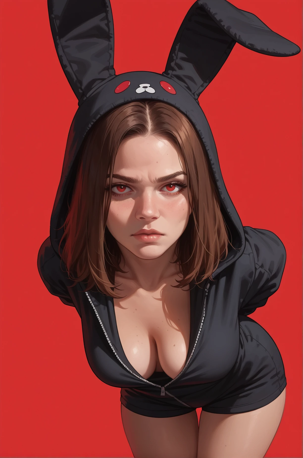 score_9, score_8_up, score_7_up, cartoon of a girl, solo, sexy, slutty, annoying, red eyes, brown hair, straight hair, black bunny onesie, medium breast, cleavage, wide hips, thighs, leaning forward, hands behind back, moody, standing, looking at viewer, dynamic angle, bright red background