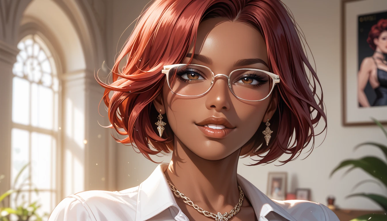 art,core_9,score_8_up,score_7_up,score_6_up,score_5_up, masterpiece, best_quality,dark_skinned,dark_skinned_female,glasses, ultra-detailed, straight on,white_shirt,naughty_face,lip biting,, portrait shot, face focus BREAK 1girl, blush, horny , 1girl, milf,  short hair, bobcut ,forehead,, red hair, perfect lips,perfect lips, huge breasts, necklace,, looking viewer , Expressiveh, photoshoot, dramatic lighting, dramatic shadow, dark_skin,brown_skin,tan