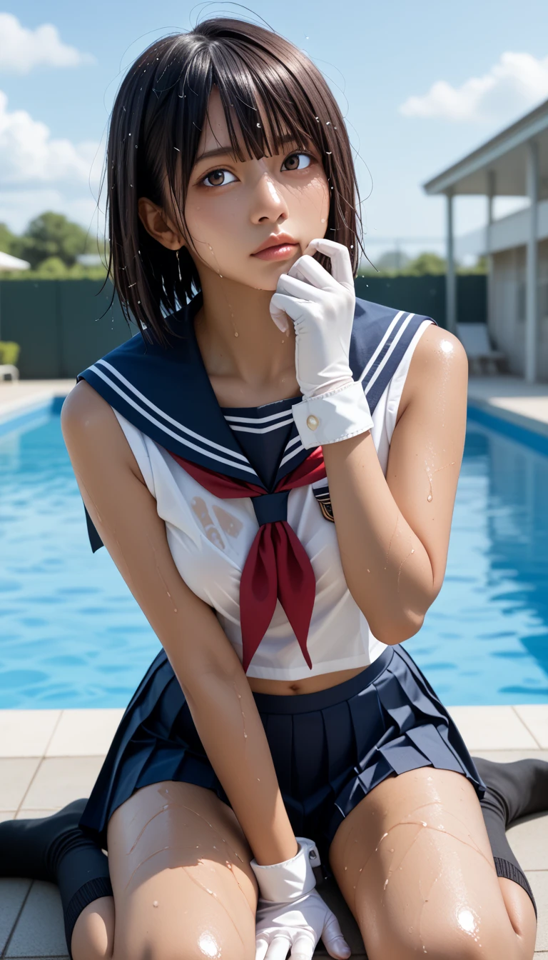  Wet 1 Japanese Female ************* Student 、masterpiece 、  top quality  、 Super high resolution、 realistic、 beautiful lighting arranged in an orderly manner、  RAW photos 、4K Ultra HD、  super detailed face、Clear Face、Detailed eye、 beautiful eyes、(Gaze sideways)、1080P、 tan dark skin 、 black hair,   wet hair、 short bob cut , bangs、 Ponytail、 horny 、 young gravure idol who lost weight、、 red headband、 white gloves、(((Firm small breasts、Separated Breasts 、 tight breasts)))、((( wet hair )))、(( blue sky、small outdoor pool 、 blur background))、(((Wet Japanese Female ************* Student 、 navy sailor color 、wet cuffs 、 wet pleated skirt 、 black knee socks、Wear black shorts)))、 Japanese Female ************* Student Wearing Wet School Uniform、(
Sitting cross-legged、 poolside、 full body shot ))、 ((( EXTREME FACE UP SHOT )))、( perfect anatomy)、 break ((Upper eyelid))、((( midi skirt)))、 thin beautiful thighs 、 beautifully manicured hair 、 oily skin 、Five fingers