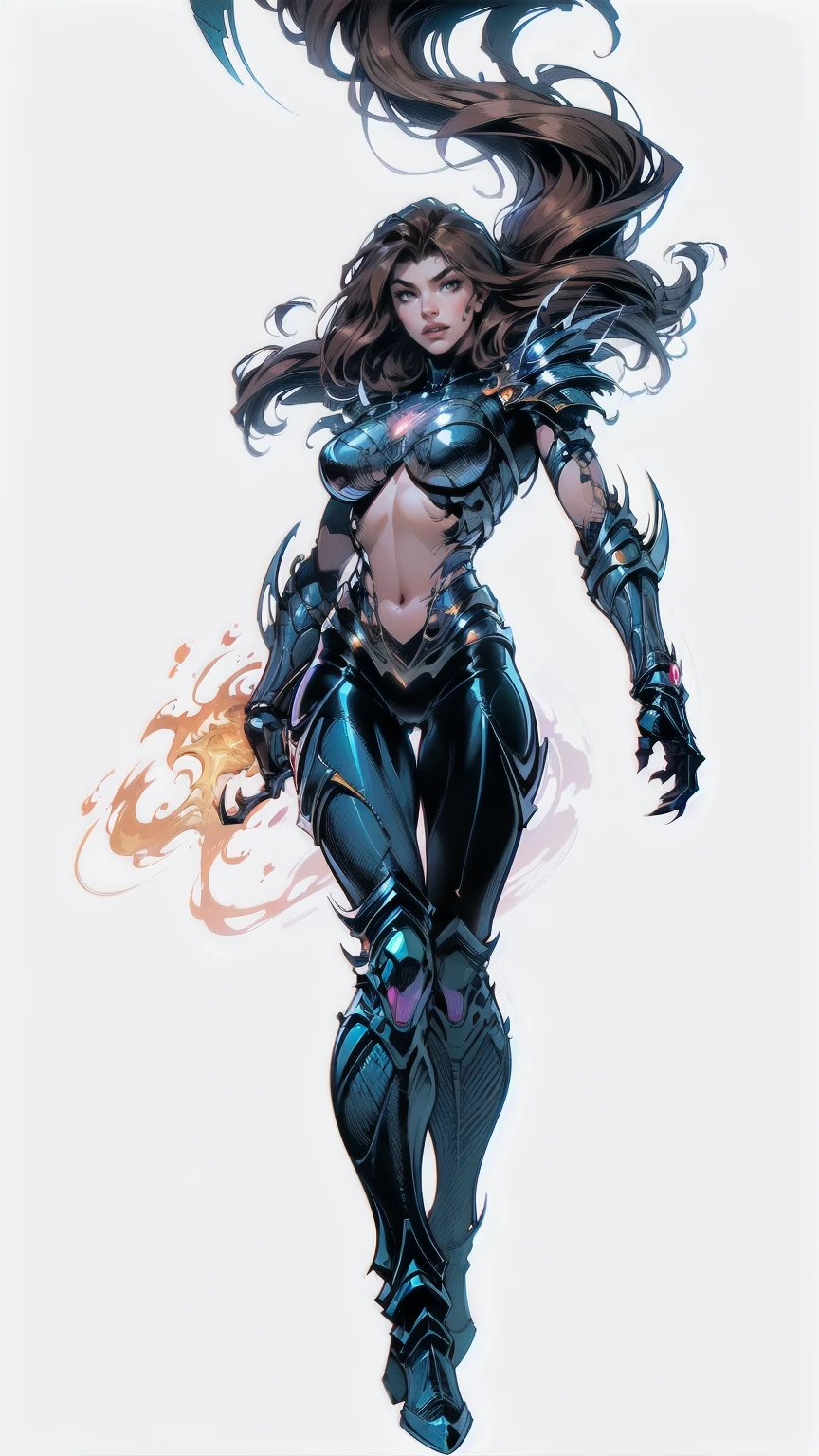 A dynamic and powerful depiction of a female warrior inspired by the Witchblade aesthetic. She has long flowing brown hair and wears an intricate, organic armor that fuses with her skin, glowing with mystical energy. Her pose is confident and commanding, showcasing her supernatural gauntlet-like weapon, which extends into sharp, otherworldly claws. The armor is adorned with sharp edges, bio-mechanical designs, and glowing patterns, emphasizing both elegance and menace. Her eyes glow faintly, hinting at her immense power. The background is stark white, allowing every detail of her form and armor to stand out clearly, creating a striking contrast. (white background)