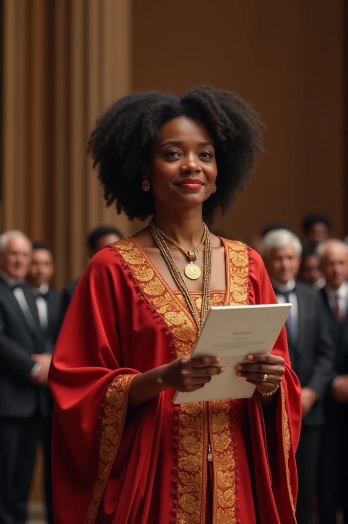 Merci de créer une image illustre une secrétaire du Temple vodou Haitien MACUMBA 666 , afro américaine, âgée de 24 ans, vodouisante, des cheveux naturel lisse. Porte un tailleur badge en evidence, logoCAM SKET. M. Elle reçoit dans son bureau deux jeune vodousantes, agées de 20 et 25 ans, habits traditionel haitienne, des colliers. Elles veulent s informer sur les informations du centre culturel Macumba 666. Salle hautement colorée. Sur le mur mentionne Centre culturel MACUMBA. Des materiels vodou haitien.