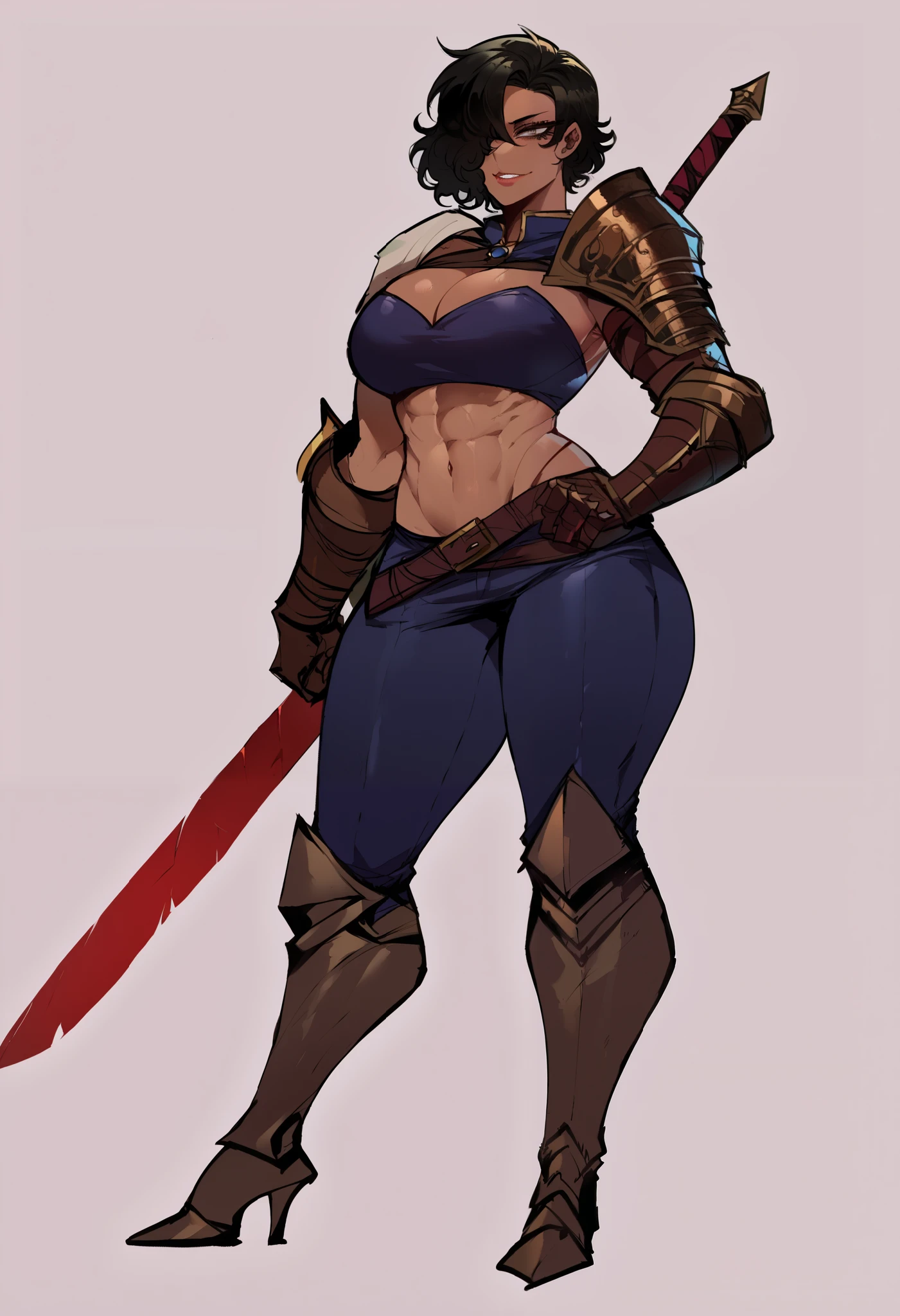 (score_9, score_8_up, seductive face, seductive expression), hyborean woman, warrior, barbarian, bronze skin, long wavy black hair, hazel eyes, eyeliner, tall, amazonian, toned, full black armor with intricate details, full lips, smile, feminine, wide hips, big massive breasts, Nyantcha Style, source_anime, Full body, full body, big Sword, 1 sword, 
