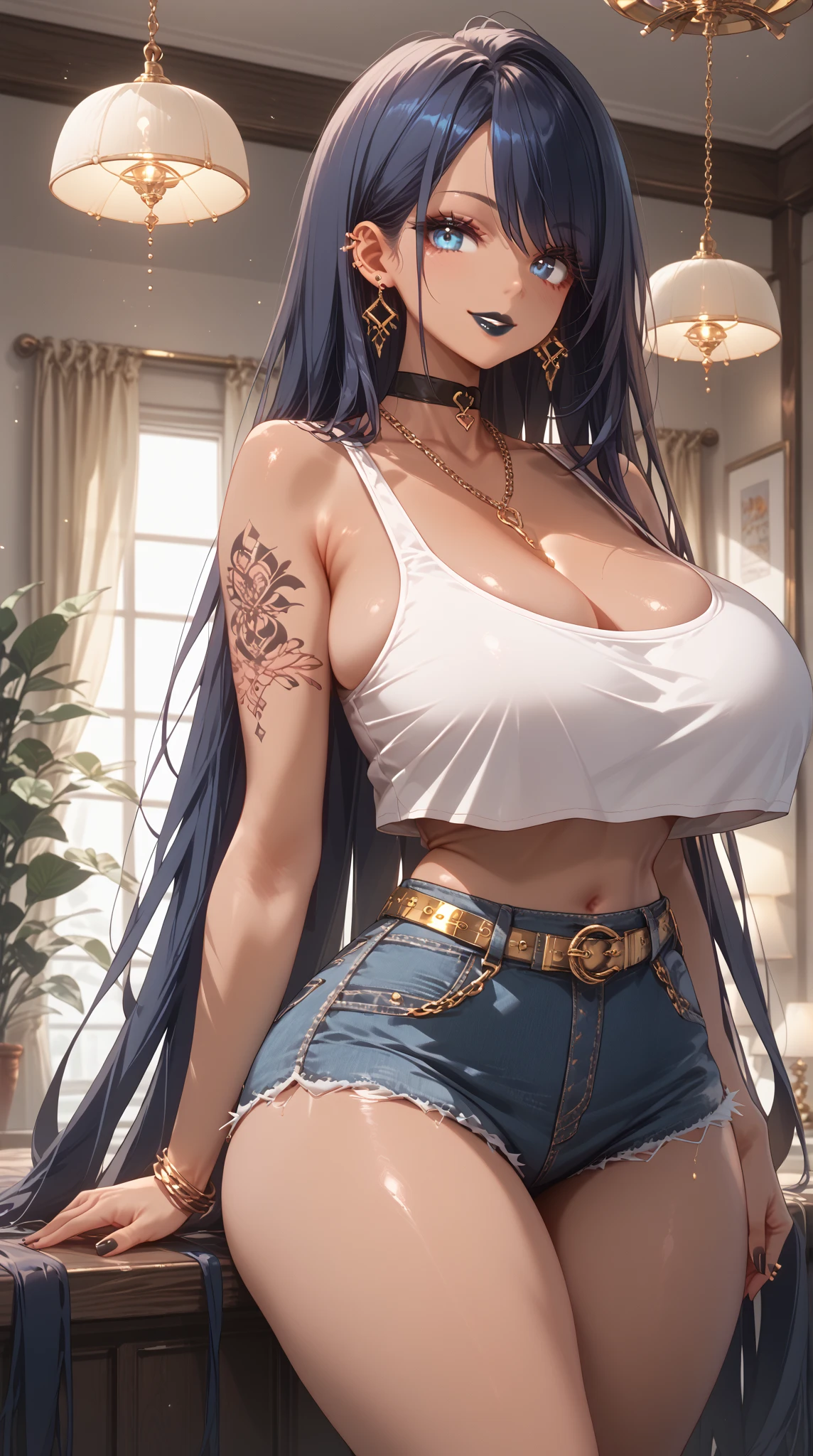 (large round breasts:1.5), cleavage, hourglass figure, curvy figure, huge ass. tall, long legs, big legs, thick legs, wide hips, flat stomach, thin waist, skinny waist, tight white tank top, flannel, super short denim shorts, gold belt, choker, tan skin, Cuban chain necklace, light blue eyes, mascara, super long eyelashes, black eyeliner, black lipstick, black eyeshadow, absurdly long hair, long side swept bangs, dark blue hair, ear piercings, facial piercings, gorgeous, sexy, tattoos, smile,