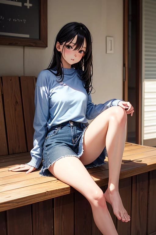 1 girl, amputee, missing arm, no arm, blue long sleeve sweater, empty sleeve, denim skirt, barefoot 