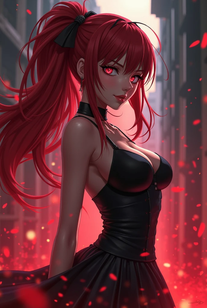 最high quality、best image quality、masterpiece、girl((20-year-old、 By becoming、vest bust、medium bust,wide open breast tea、shining eyes, glowing red hair、long hair、thin,highest valley、black and red suit、Wristband、black gloves、fighting pose、inflammation from the whole body、sharp nails、back view、Lock)),high quality、beautiful art、background((inflammation、volcano、magma、eruption、meteorite、bright red sky、firebird))、Flight、debris flies、Depth of written boundary、movie、visual art、perfect art、8K,genuine、