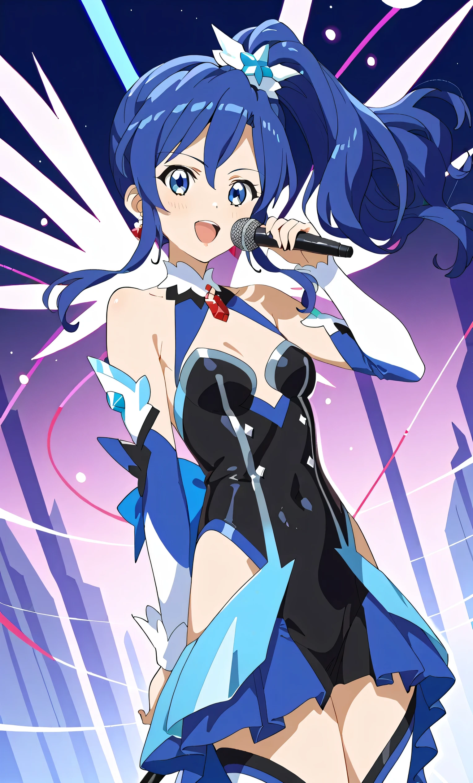 ,aikatsu,1 girls,in senki zesshou symphogear style , Blue hair,Side Pony tail,Blue and White battle suit,BREAK,ultra-definition, high resolution, ultra-detail CG,caustics, Live stage, in front of super large vision, singing, stand microphone ,