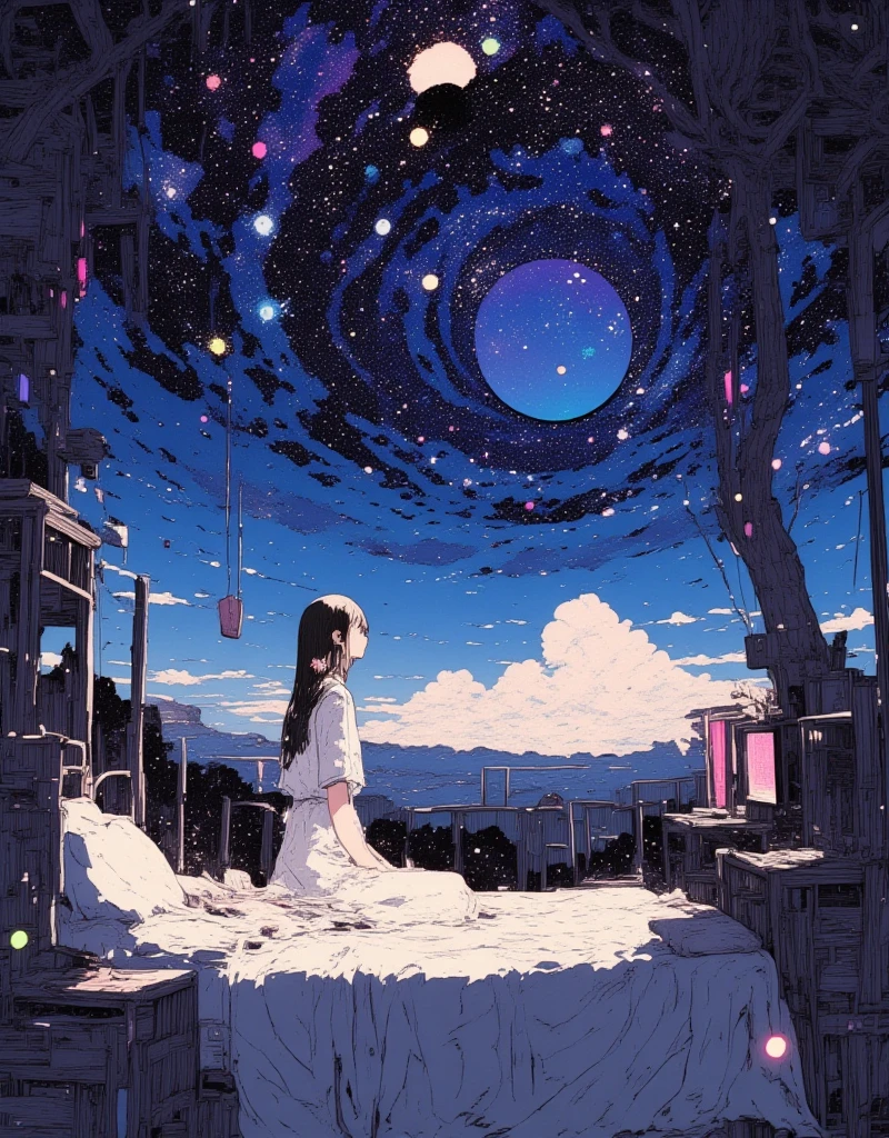 (masterpiece, top quality :1.3, detailed depiction :1.3, high definition :1.3), 
Woman Sitting Lonely Beside Bed, A large expanse of universe in background, beautiful landscape. photogenic. 
Negative Space Illusion Illustrations, Negative Space Photos, Negative and Positive Space. tranquil, Rays of light