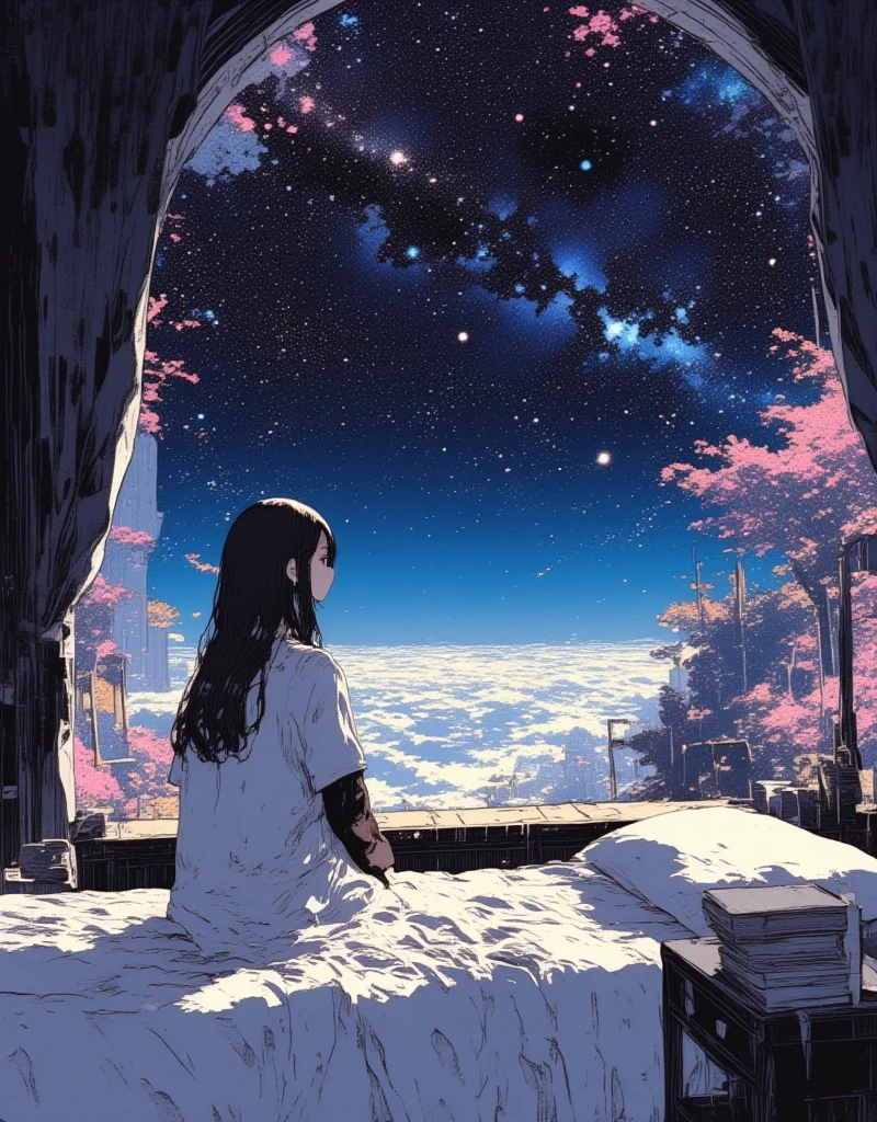 (masterpiece, top quality :1.3, detailed depiction :1.3, high definition :1.3), 
Woman Sitting Lonely Beside Bed, A large expanse of universe in background, beautiful landscape. photogenic. 
Negative Space Illusion Illustrations, Negative Space Photos, Negative and Positive Space. tranquil, Rays of light