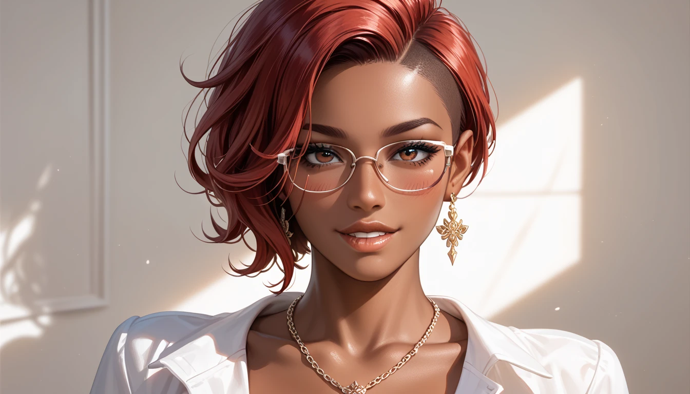 art,core_9,score_8_up,score_7_up,score_6_up,score_5_up, masterpiece, best_quality,dark_skinned,dark_skinned_female,glasses, ultra-detailed, straight on,white_shirt,naughty_face,lip biting,, portrait shot, face focus BREAK 1girl, blush, horny , 1girl, milf,  short hair, undercut hairstyle,, red hair, perfect lips,perfect lips, huge breasts, necklace,, looking viewer , Expressiveh, photoshoot, dramatic lighting, dramatic shadow, dark_skin,brown_skin,tan