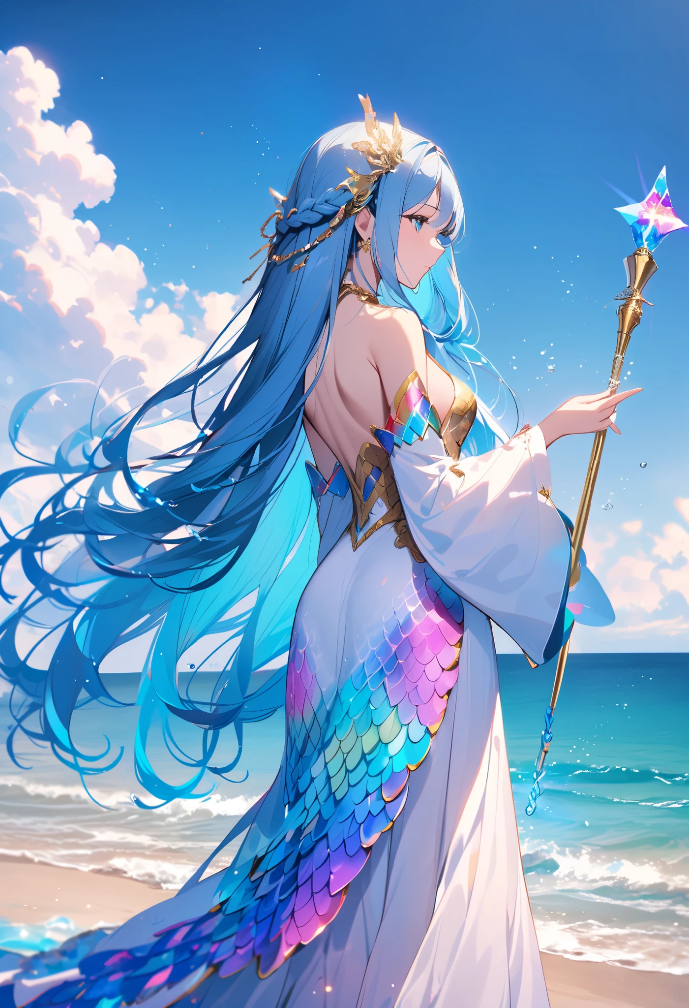 back view ofgoddess
,solo,Blue long hair,Jewelry,,The dress has blue scales on it,,Wearing glittering armor made of rainbow scales,outdoor,Take off your sleeves,water,seaside,Hair accessories,braid,Magic Scepter,Bare shoulders,Wide sleeves,Standing,Holding a cane,Very long hair,Gold decoration, back view,Backlight,