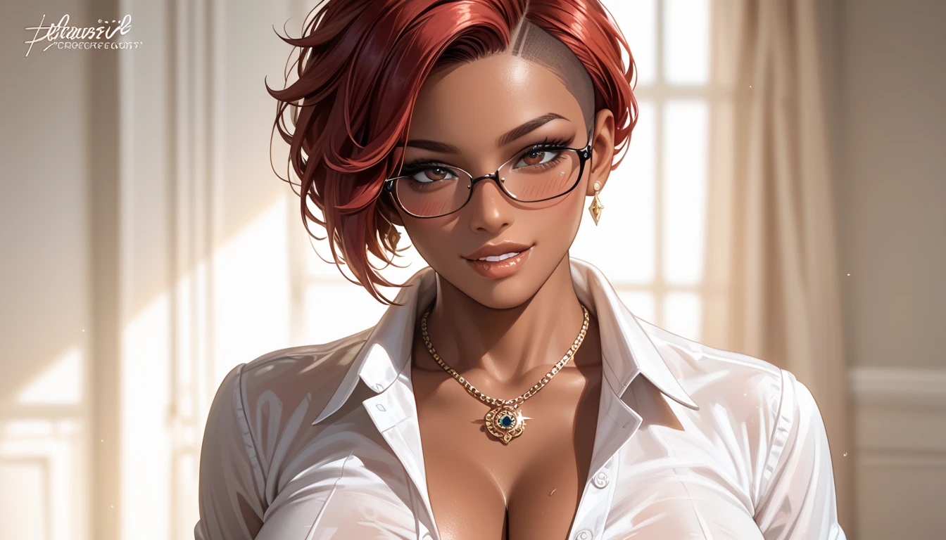 art,core_9,score_8_up,score_7_up,score_6_up,score_5_up, masterpiece, best_quality,dark_skinned,dark_skinned_female,glasses, ultra-detailed, straight on,white_shirt,buttoned shirt,cleavage,naughty_face,lip biting,, portrait shot, face focus BREAK 1girl, blush, horny , 1girl, milf,  short hair, undercut hairstyle,, red hair, perfect lips,perfect lips, huge breasts, necklace,, looking viewer , Expressiveh, photoshoot, dramatic lighting, dramatic shadow, dark_skin,brown_skin,tan