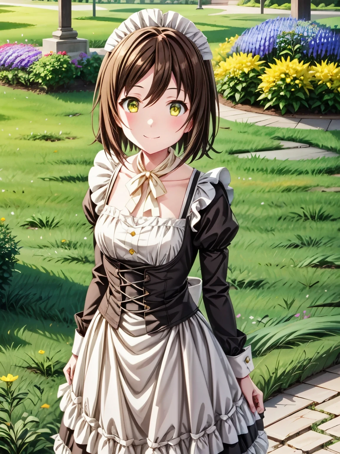  high resolution,  top quality ,  super high quality  ,3D Images,A _Hatayama 、 one girl、solo 、 shot from the front 、  super high image quality ,smile、  Physically Based Rendering 、 Beautiful Yellow Eyes 、  shortcuts、  brown hair 、garden、 Beautiful flower-blooming grassland、 maid clothes 、(victorian maid:1.2),( Genuine、 photograph、 real)、  cowboy shot 